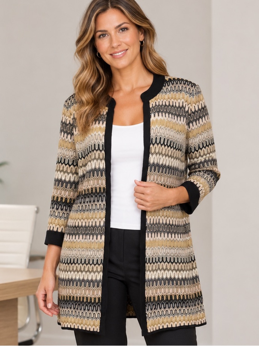 Exclusively Misook Black Tan Open Front Knit Cardigan Sweater Multicolor Size XL